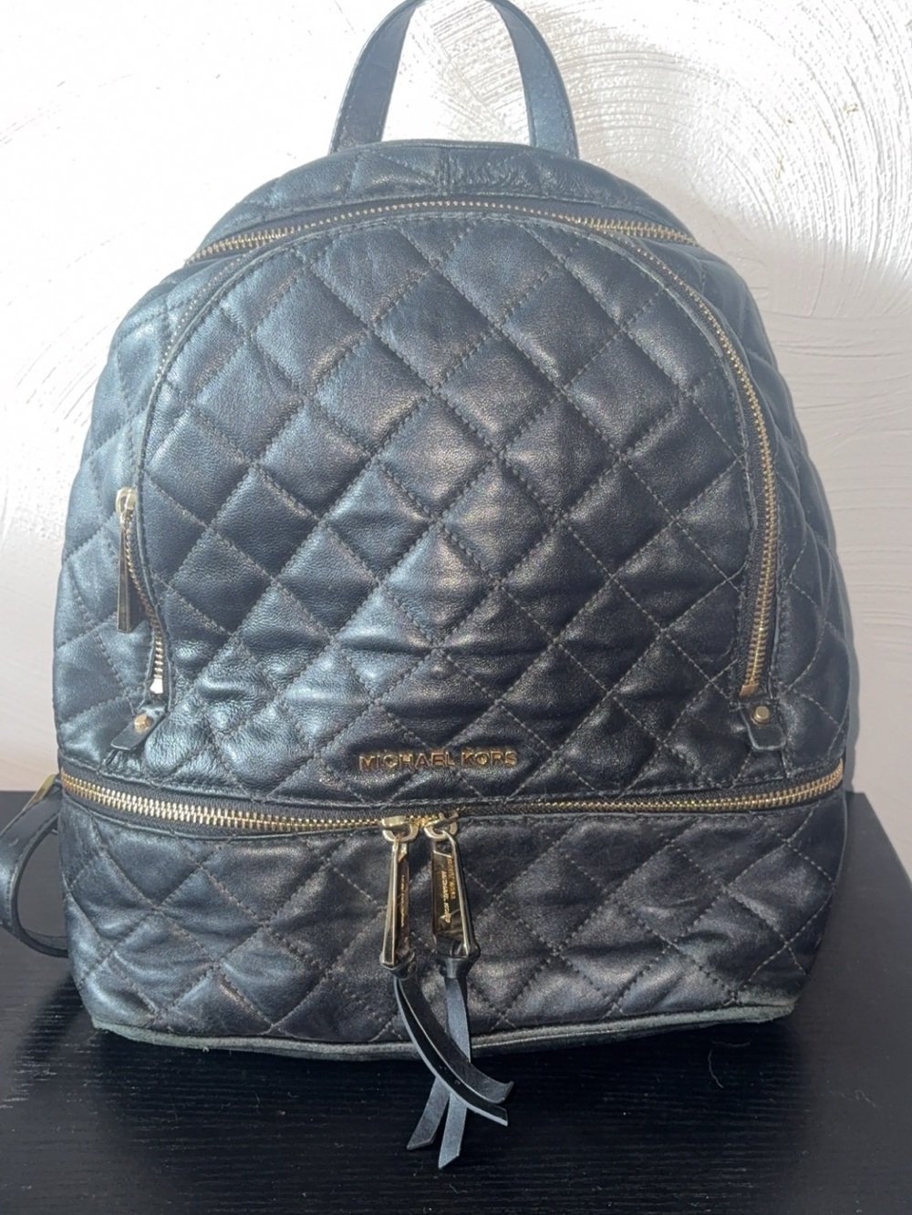 Michael Kors Black Quilted Leather Backpack with Gold Hardware